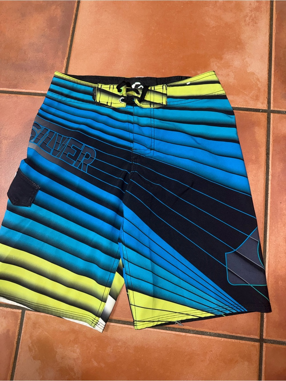 Quiksilver Blue & Lime Striped Surf Boardshorts‎